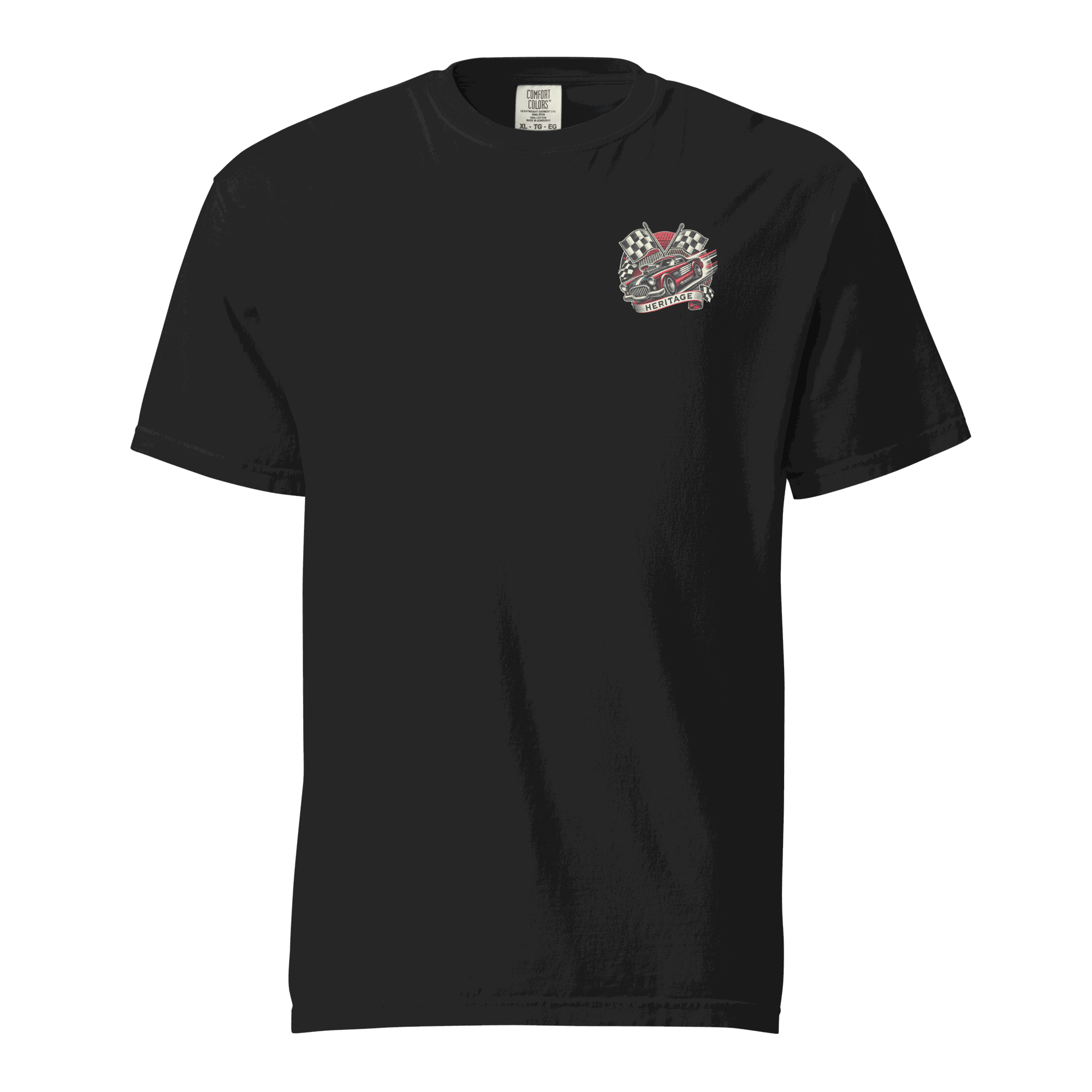 Heritage Mustang Back black unisex heavyweight cotton t-shirt with small front graphic and relaxed fit