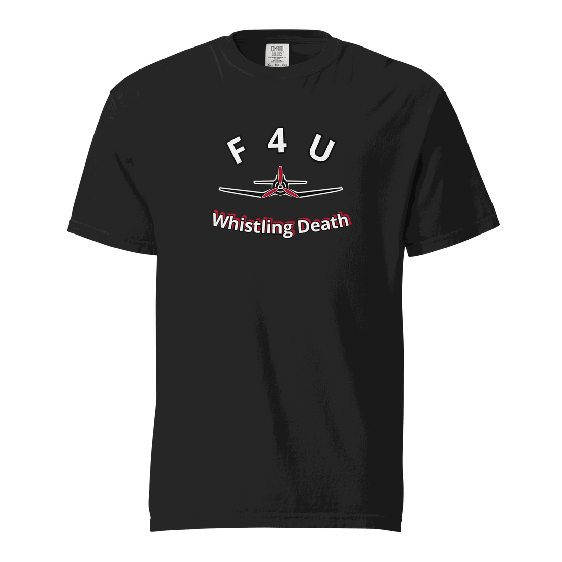 Black F4U Whistling Death heavyweight t-shirt with airplane graphic and text, made of 100% ring-spun cotton, relaxed fit