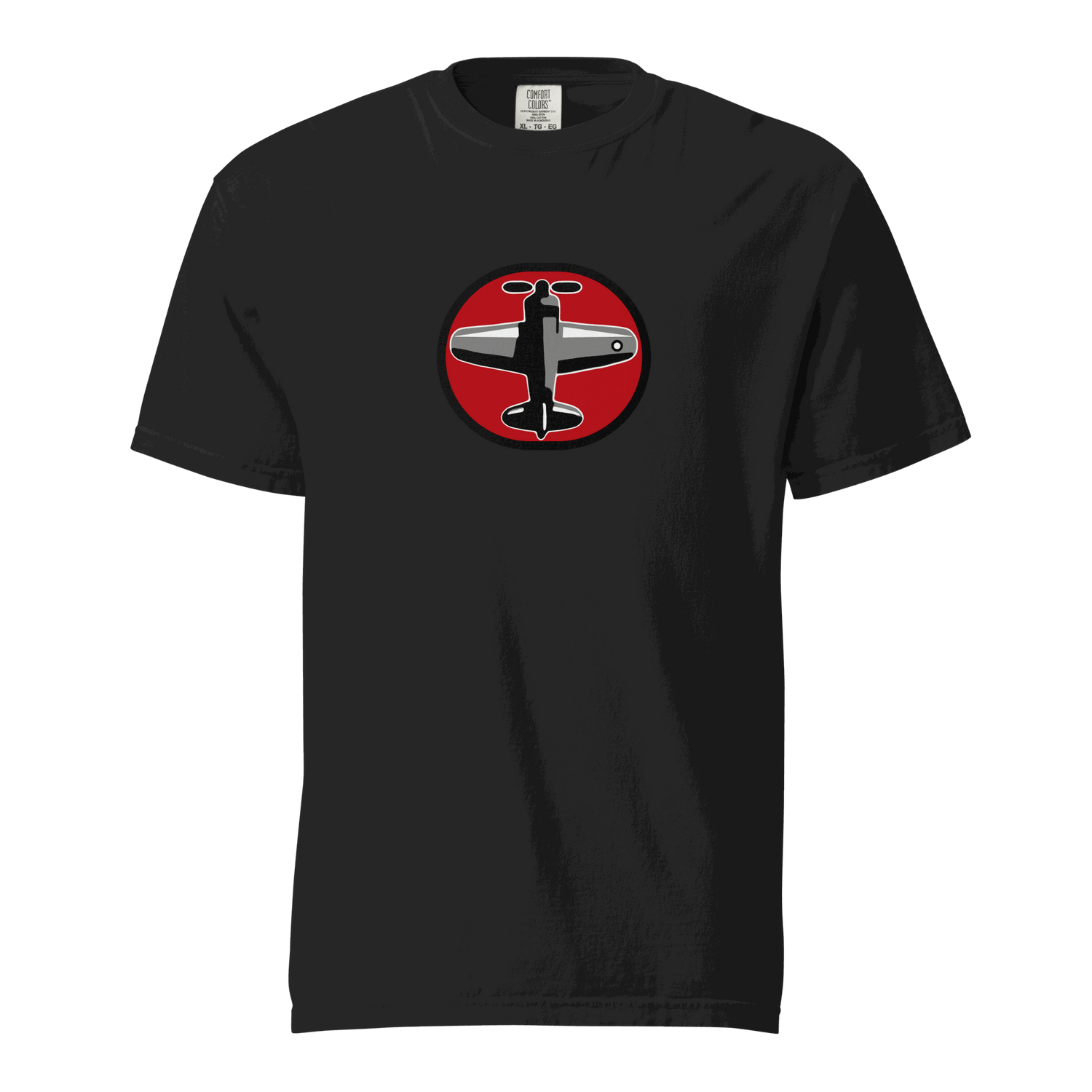 Prop 1 Unisex garment-dyed heavyweight black t-shirt with airplane graphic and relaxed fit made of 100% ring-spun cotton