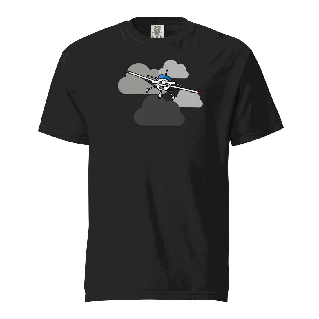 Black unisex vintage airplane t-shirt with prop plane graphic flying through clouds on soft 100% cotton fabric