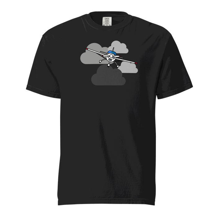Vintage airplane t-shirt with prop plane design in the clouds, unisex, 100% ring-spun cotton, garment-dyed heavyweight tee