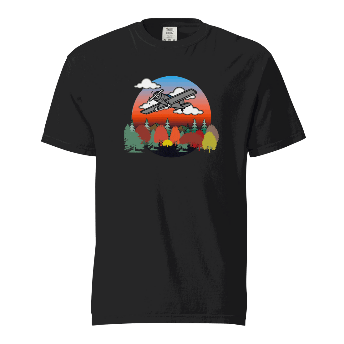 Black unisex plane t-shirt with fall forest and sunset design