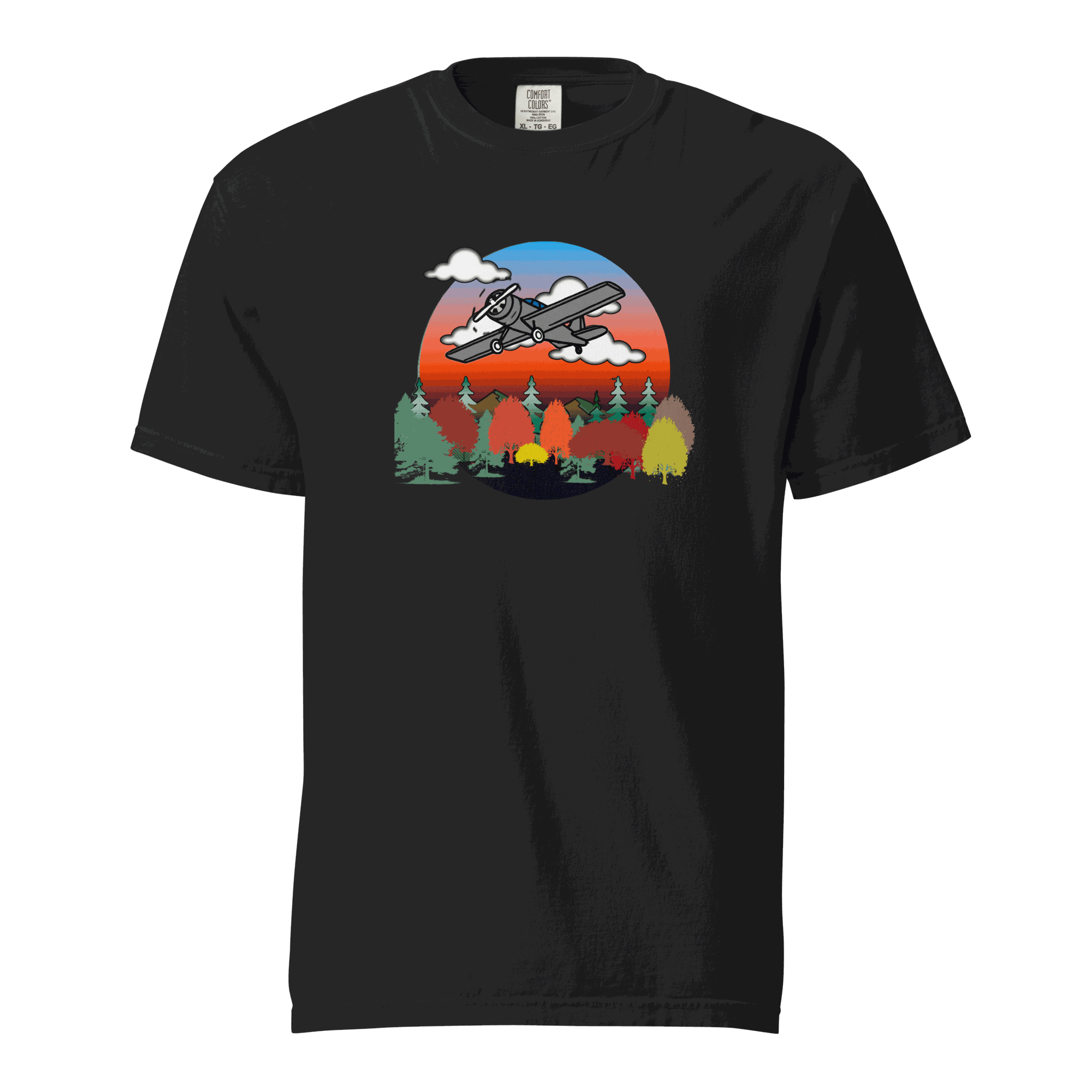 Black unisex plane t-shirt with fall forest and sunset design