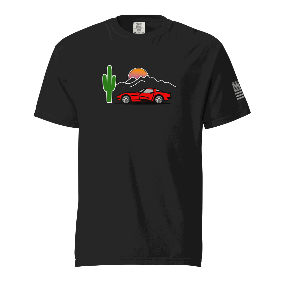 Black t-shirt with vintage Corvette sunset graphic featuring a red sports car, cactus, and mountain silhouette