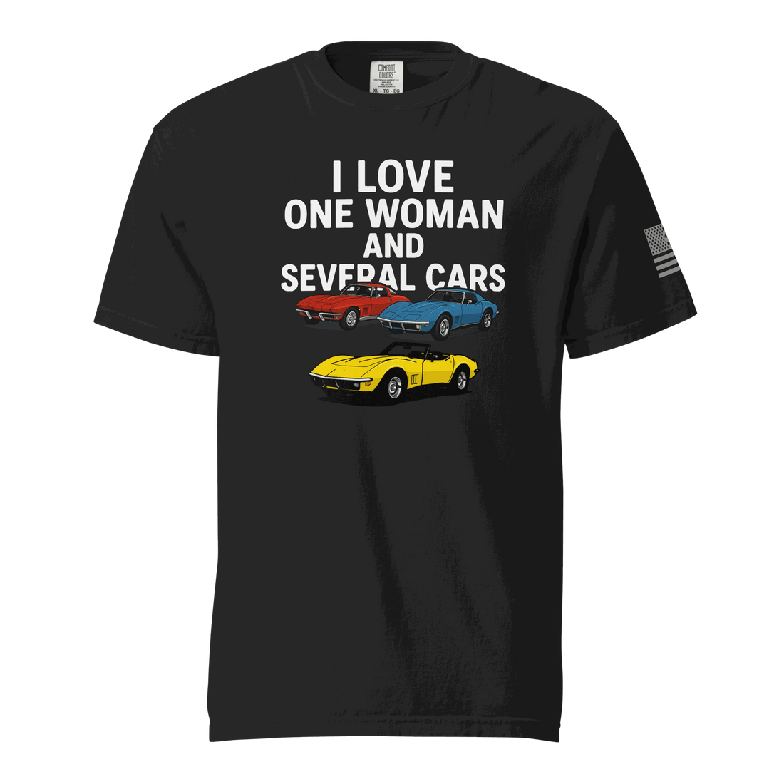 Black funny t-shirt with &quot;I love one woman and several cars&quot; text and three colorful sports cars printed on front