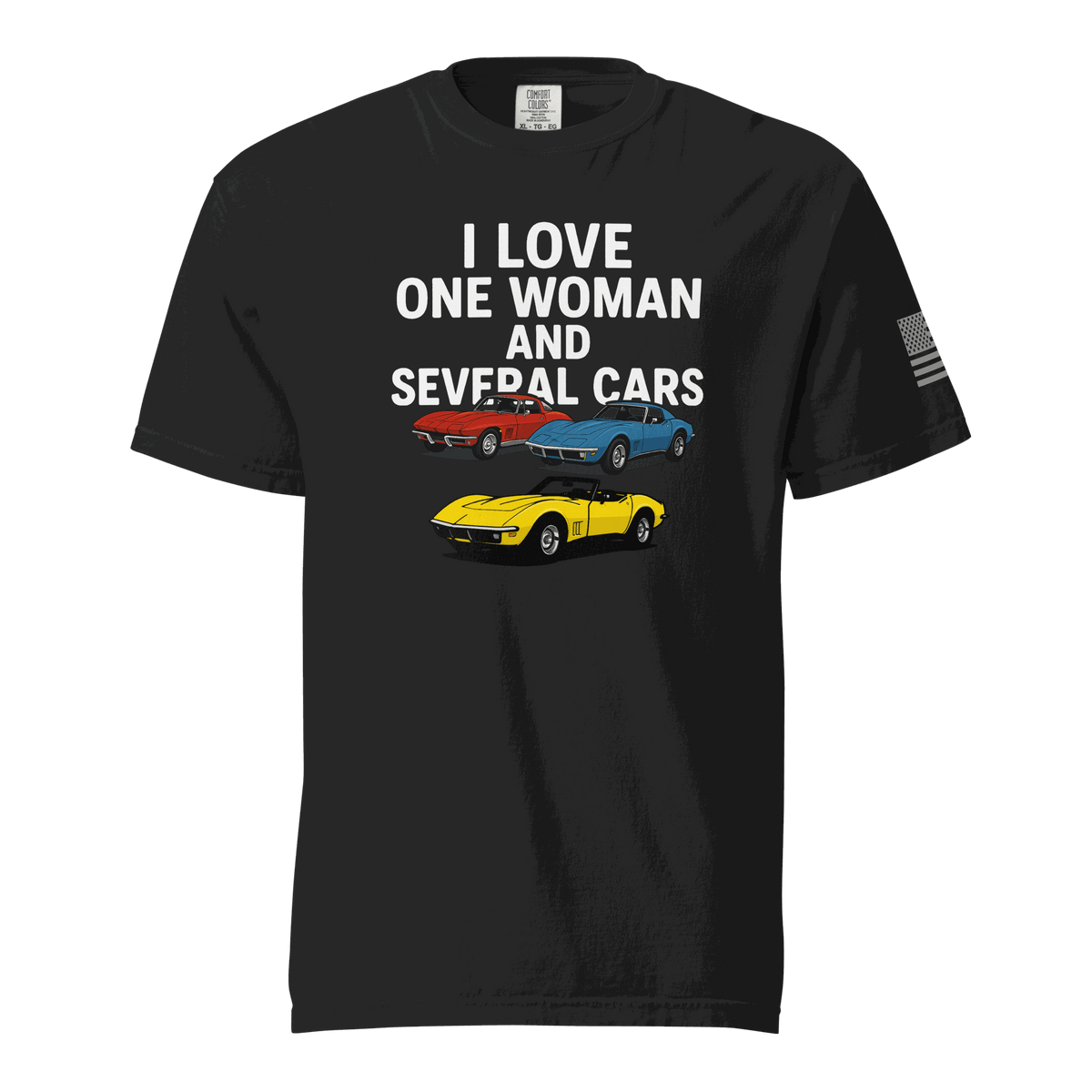 Funny black t-shirt with white text "Love one woman several cars" for car enthusiasts