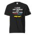 Black funny t-shirt with "I love one woman and several cars" text and three colorful sports cars printed on front