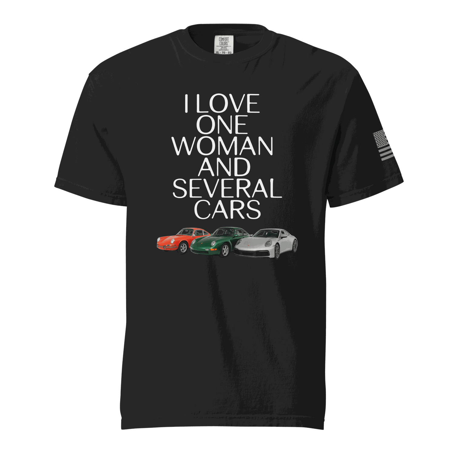 Black Love One Woman and Several Cars t-shirt with red, green, and white sports cars graphic, 100% ring-spun cotton, breathable heavyweight fabric.