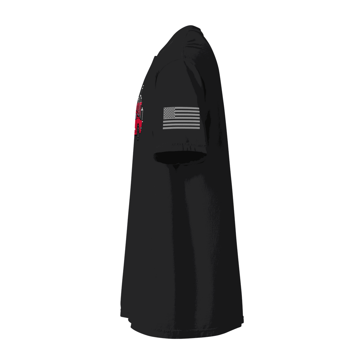 Side view of black Detroit Corvette T-Shirt featuring red classic sports car graphic and American flag on sleeve