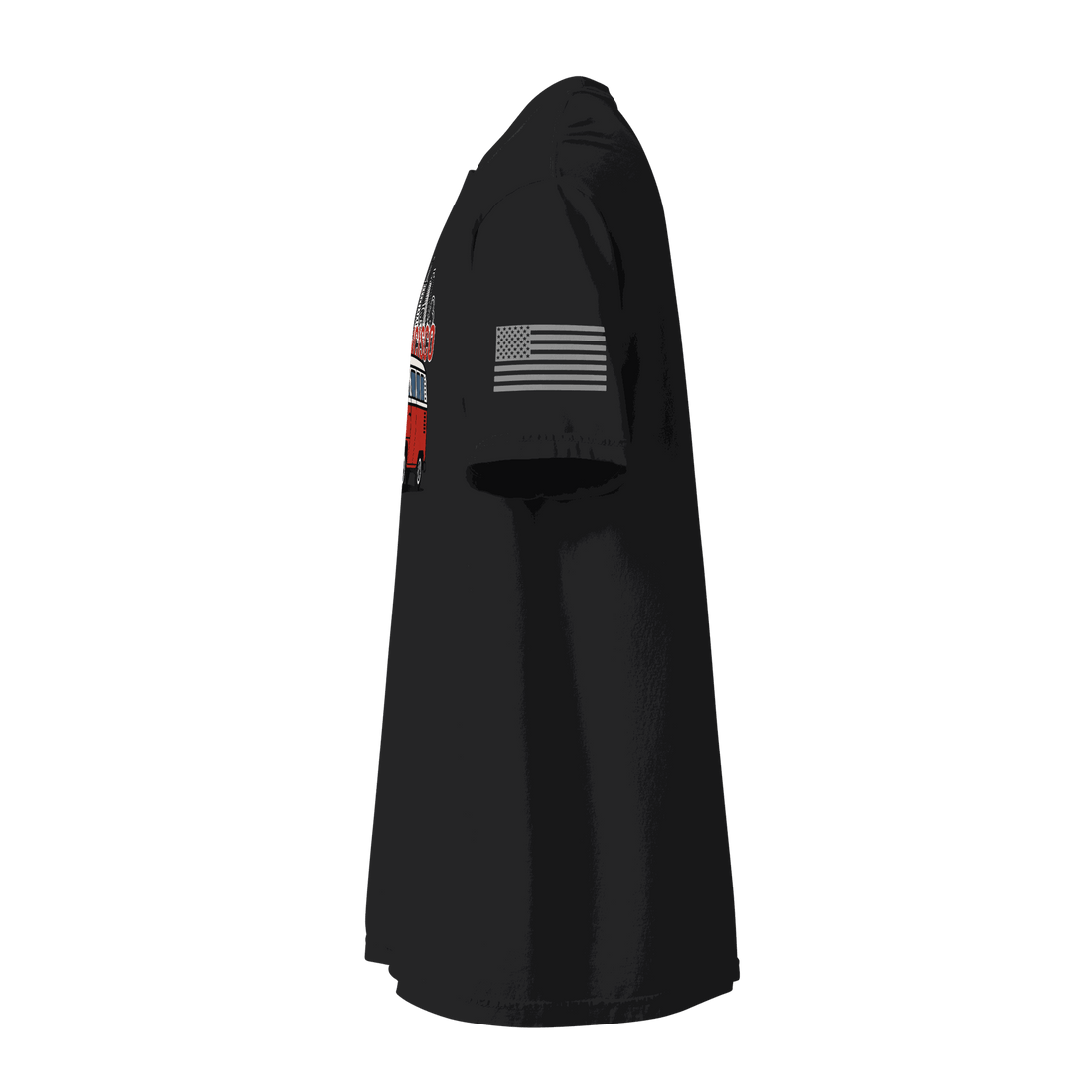 Side view of black Vintage San Francisco Classic Cruiser T-shirt with American flag on sleeve and retro car design on front