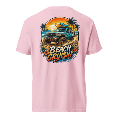 Unisex beach cruisin t-shirt featuring a colorful beach scene with a vehicle and surfboards on the back.