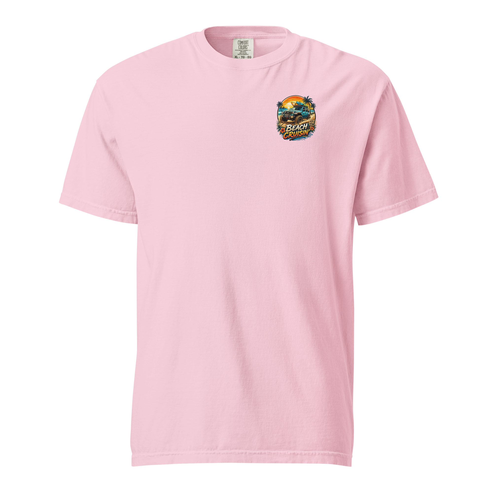Unisex beach cruisin t-shirt in pink featuring a colorful beach graphic on the chest.