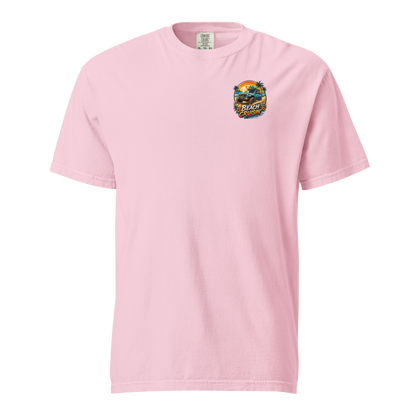 Unisex beach cruisin t-shirt in pink featuring a colorful beach graphic on the chest.