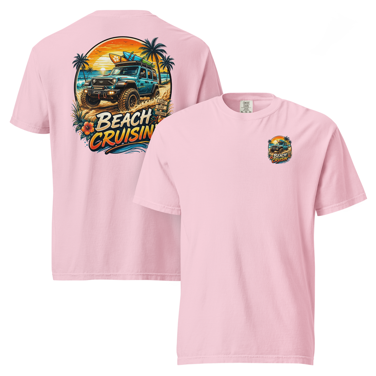 Unisex beach cruisin t-shirt in pink featuring graphic design of a beach scene and off-road vehicle.