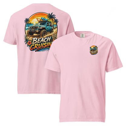 Unisex beach cruisin t-shirt in pink featuring graphic design of a beach scene and off-road vehicle.