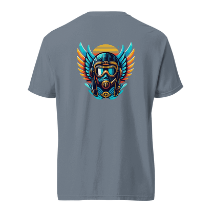 Blue and orange flight helmet graphic on the back of a grey unisex heavyweight cotton t-shirt