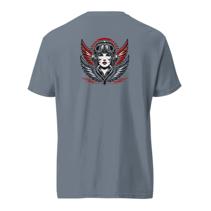Gray unisex heavyweight cotton t-shirt with female wings helmet graphic on back