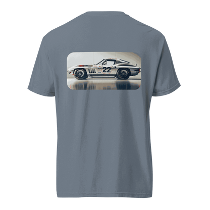 Heritage Classic Car t-shirt with vintage race car graphic on back in blue cotton fabric