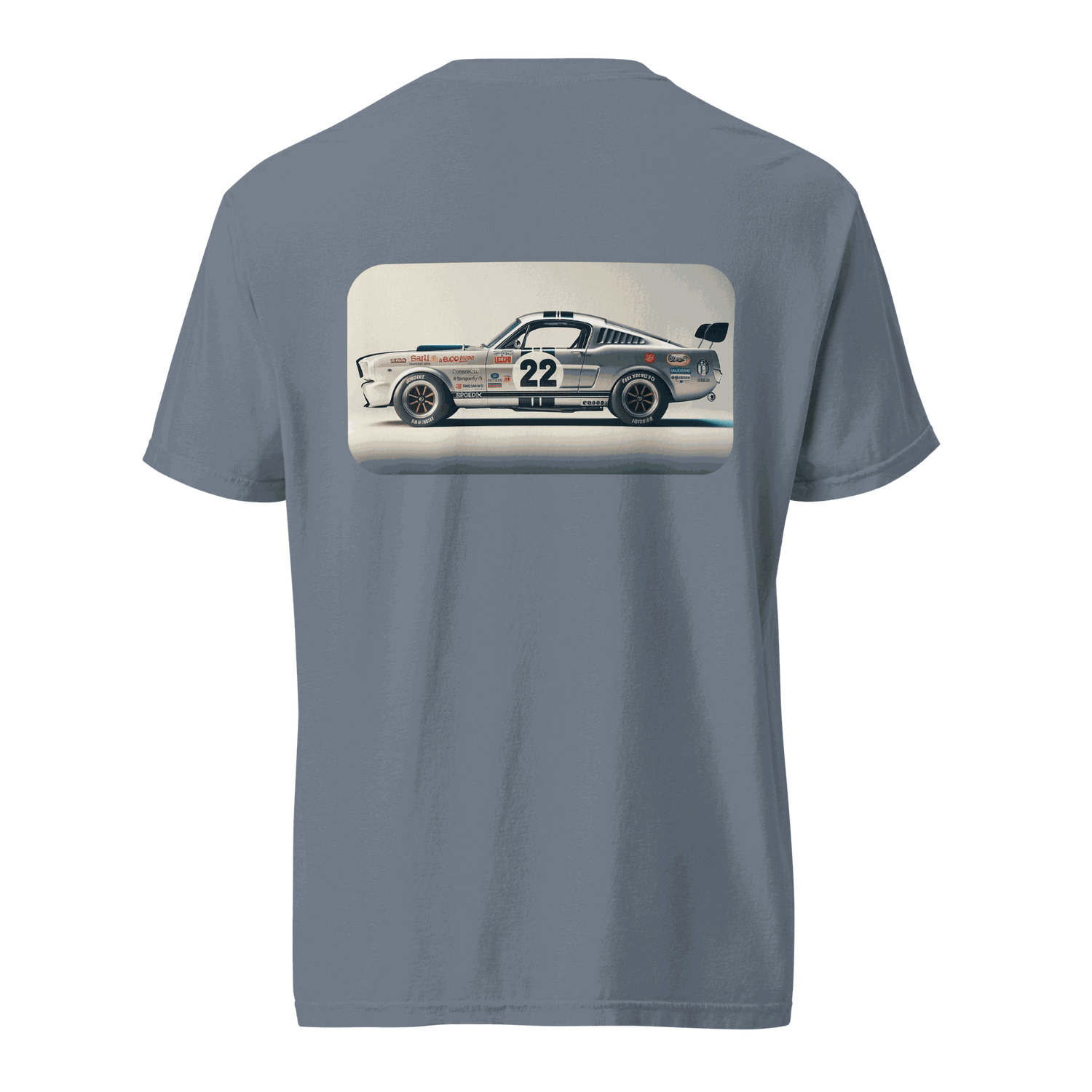 Heritage Mustang Back T-shirt with vintage race car graphic on soft, heavyweight cotton fabric