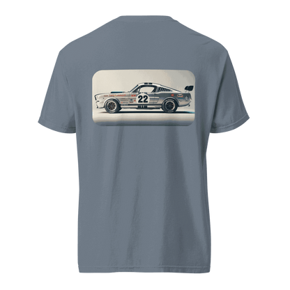Heritage Mustang Back T-shirt with vintage race car graphic on soft, heavyweight cotton fabric
