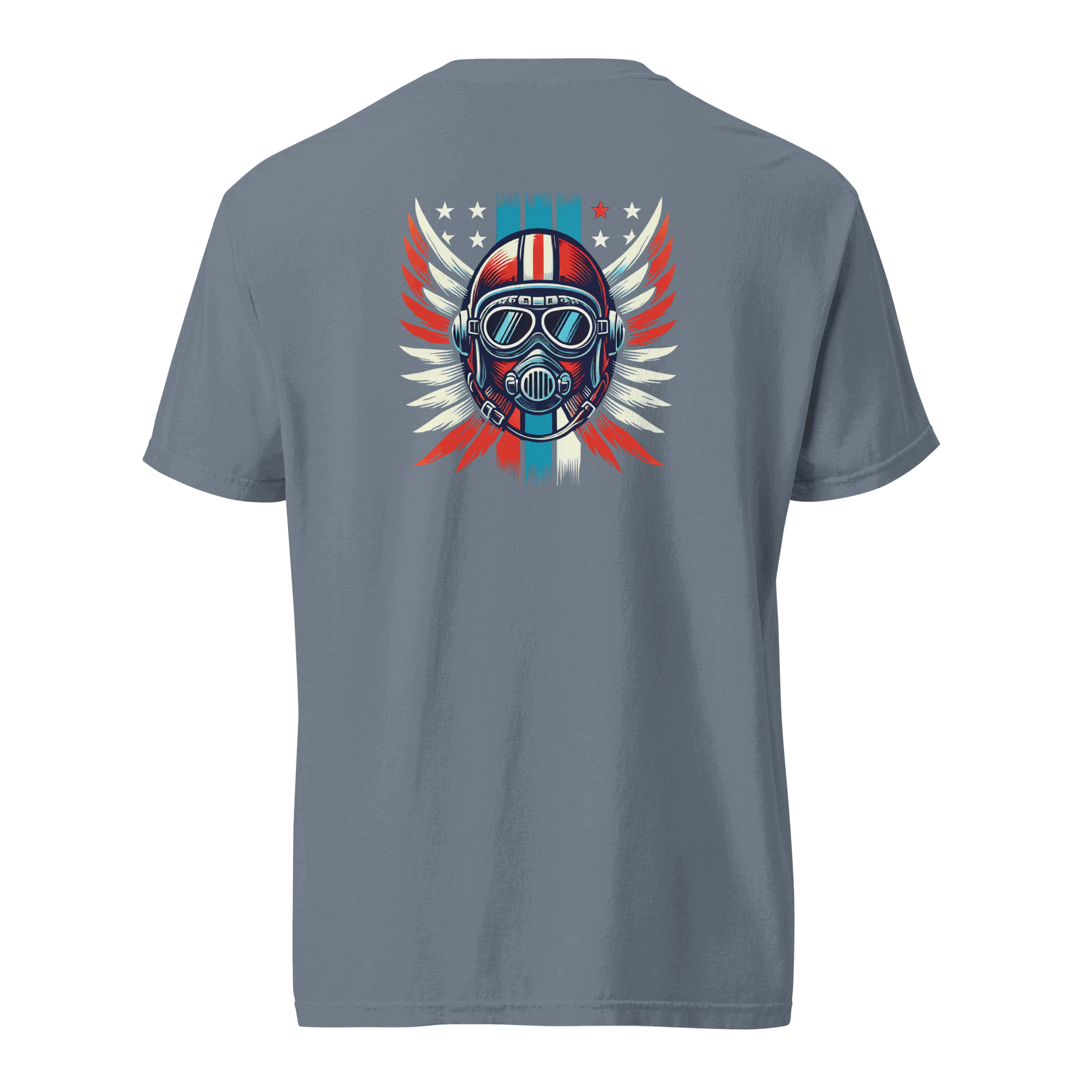 Back view of gray t-shirt with red white blue helmet graphic and wings design