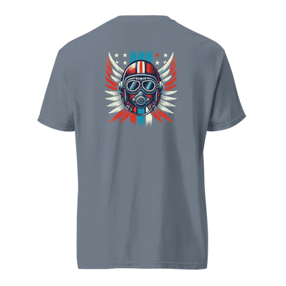 Back view of gray t-shirt with red white blue helmet graphic and wings design