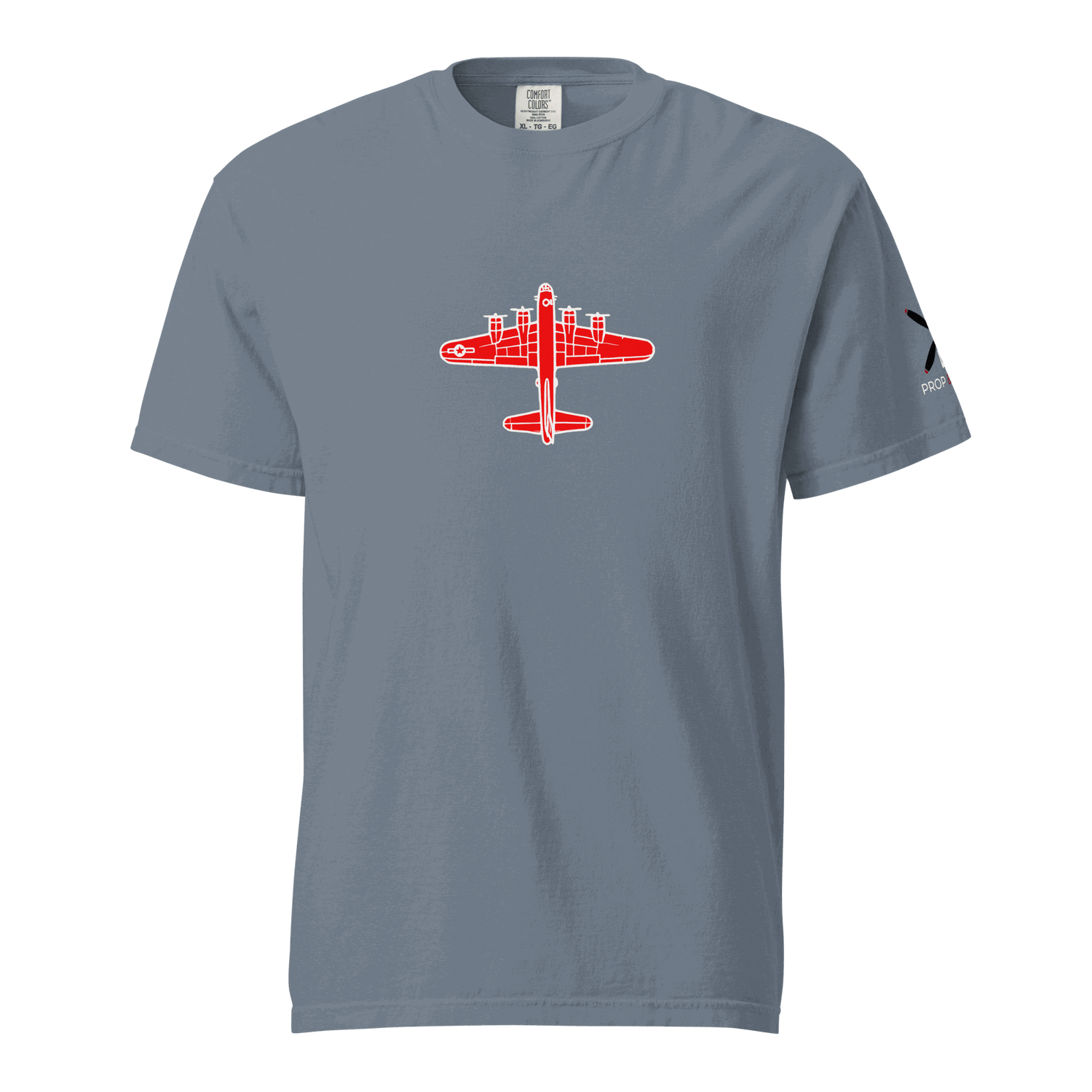 WW2 T-shirt Gray thick structured tee with red bomber airplane graphic on front and logo on sleeve