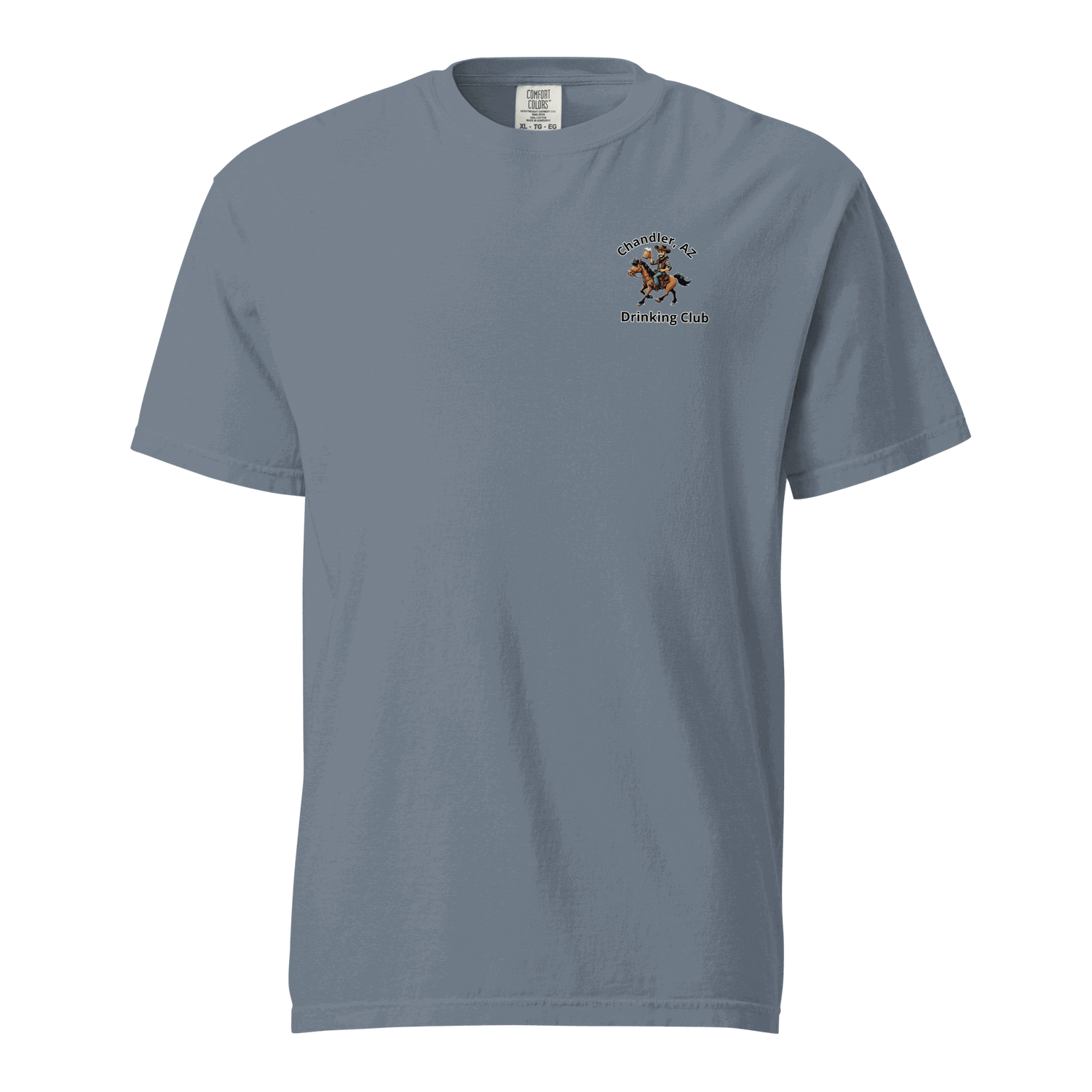 Custom City Cowboy Horse Beer unisex heavyweight blue t-shirt with small front logo featuring horse and beer design