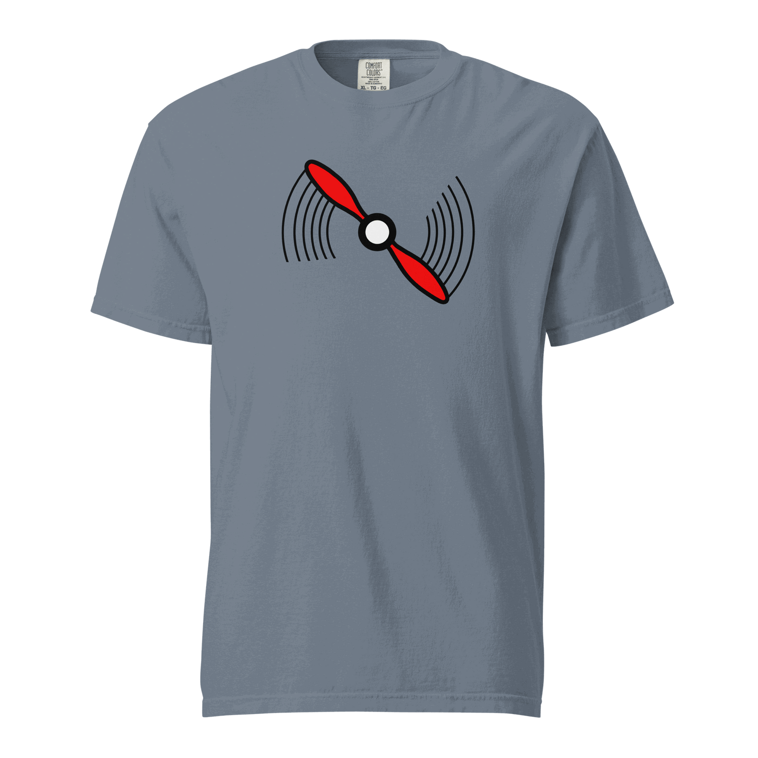 Propeller T-Shirt heavyweight t-shirt in blue with red and black propeller graphic, 100% ring-spun cotton, relaxed fit, garment-dyed durable tee