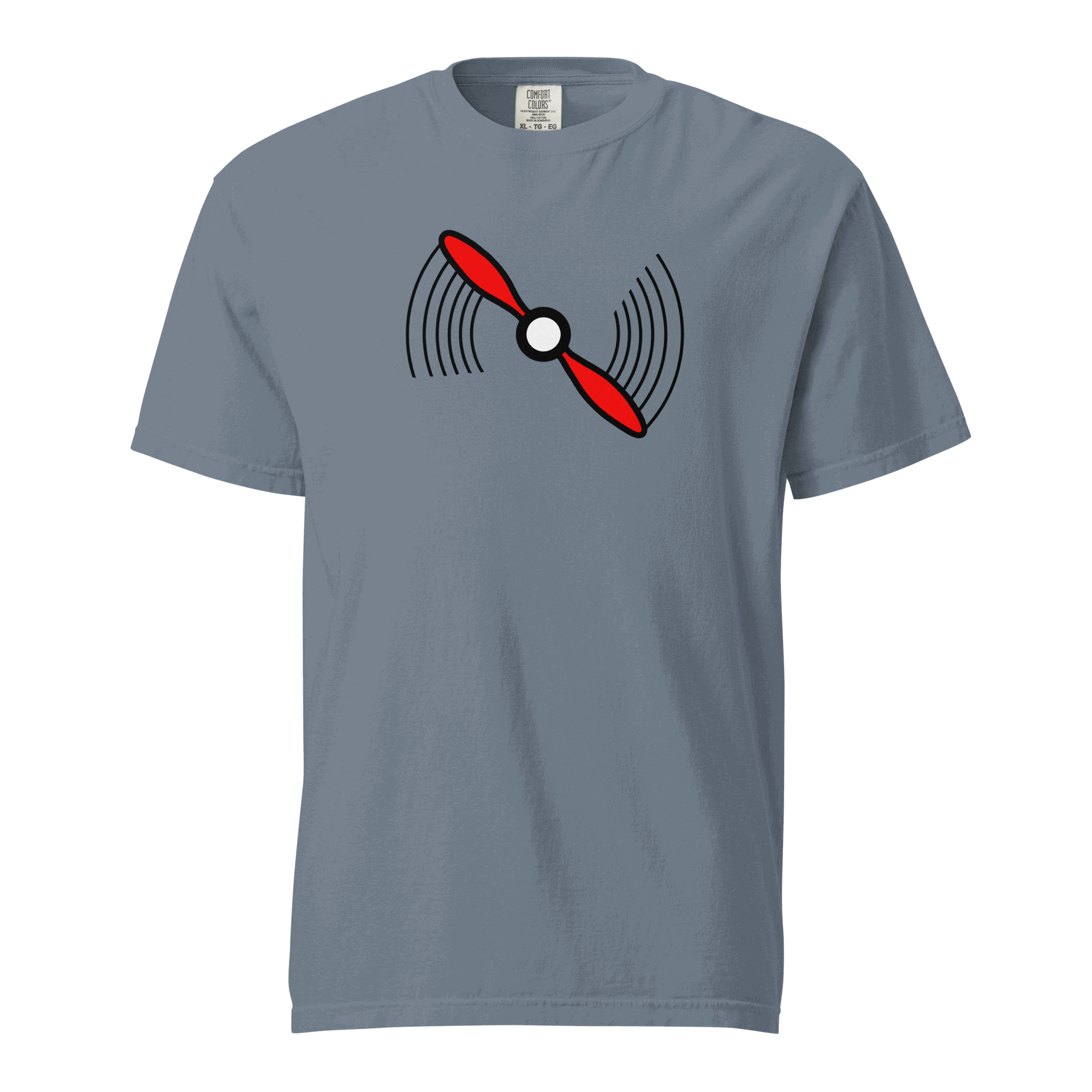 Propeller T-Shirt heavyweight t-shirt in blue with red and black propeller graphic, 100% ring-spun cotton, relaxed fit, garment-dyed durable tee