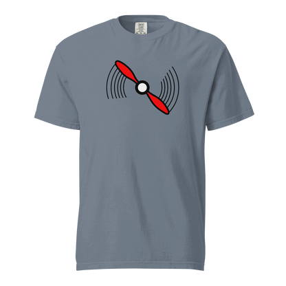 Propeller T-Shirt heavyweight t-shirt in blue with red and black propeller graphic, 100% ring-spun cotton, relaxed fit, garment-dyed durable tee