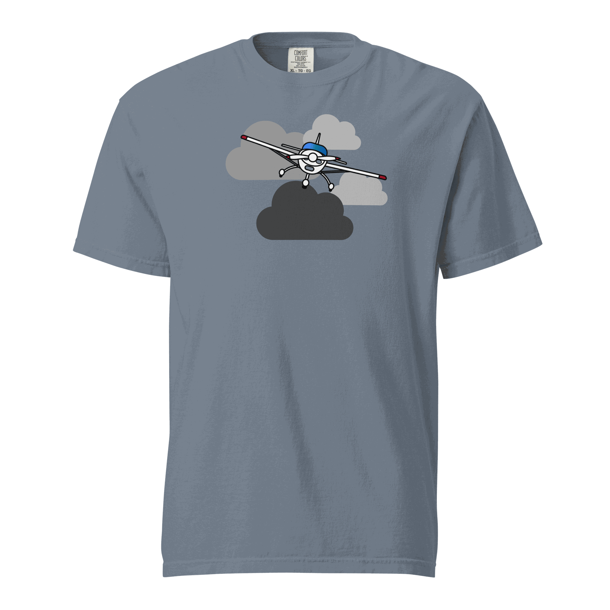 Vintage Airplane T-Shirt featuring a prop plane flying through clouds on a soft, breathable, garment-dyed unisex tee