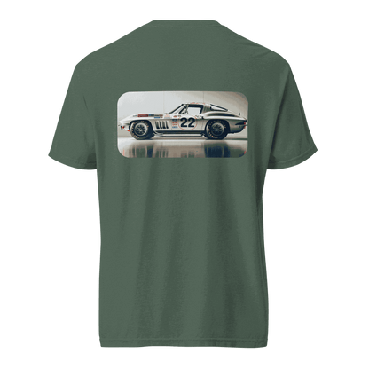 Heritage Classic Car t-shirt with vintage car print on back, 100% cotton, relaxed fit, garment-dyed design