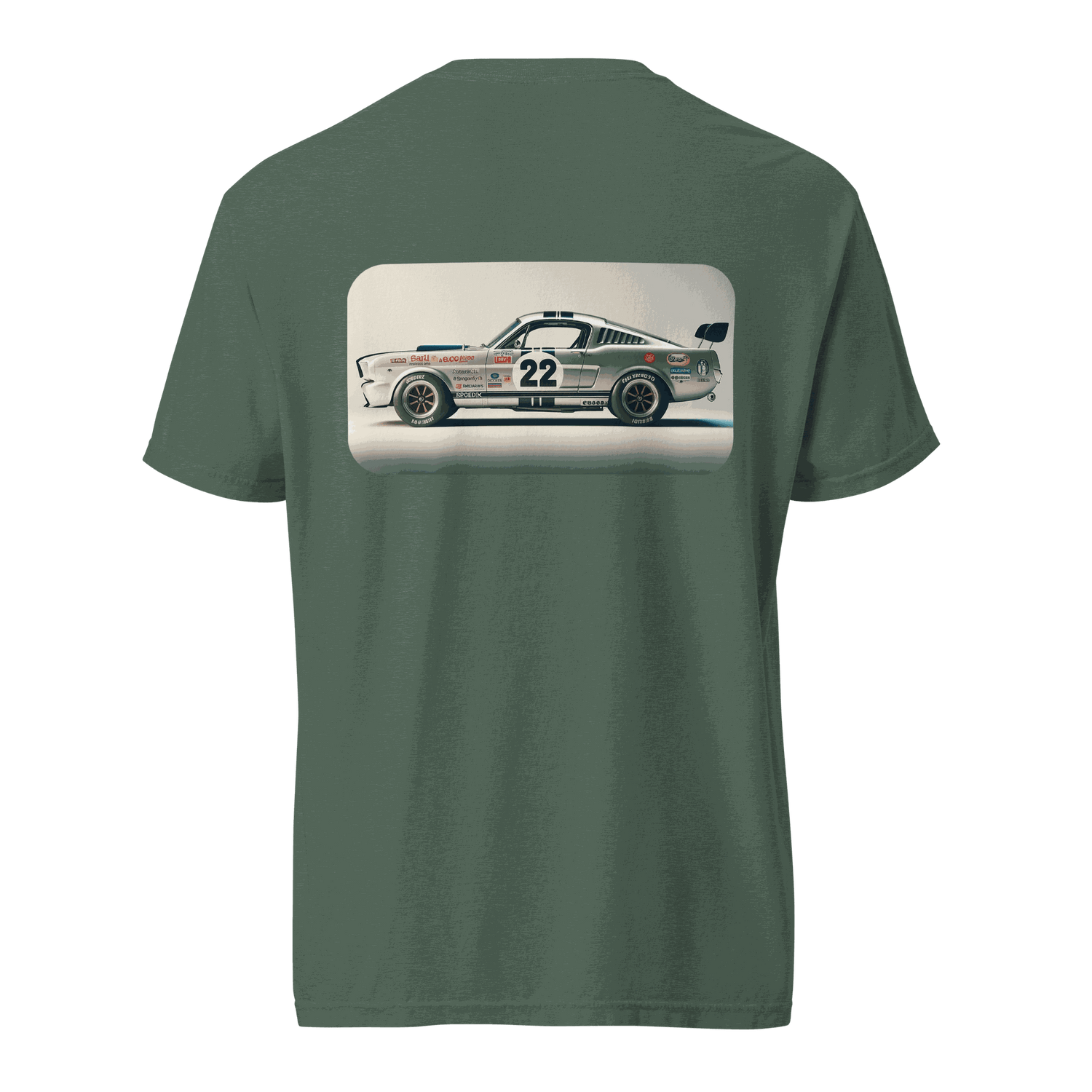 Heritage Mustang Back t-shirt with vintage car graphic on olive green heavyweight cotton tee