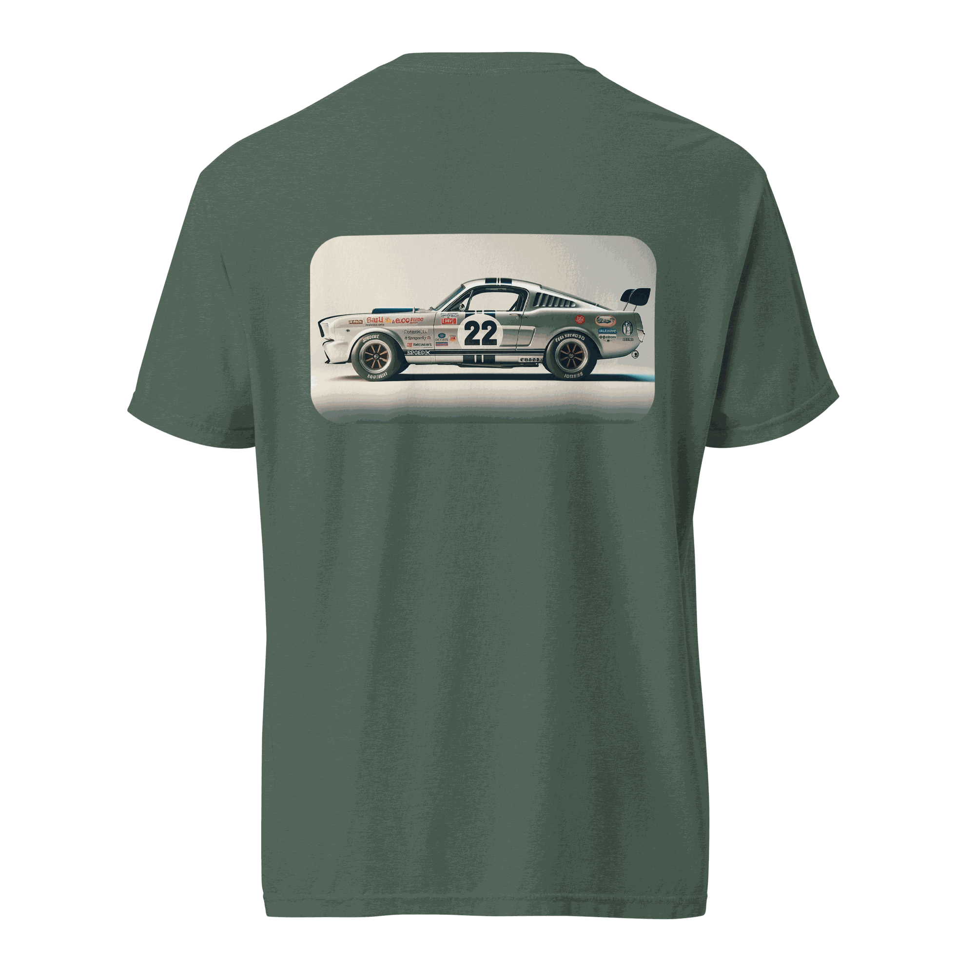 Heritage Mustang Back t-shirt with vintage car graphic on olive green heavyweight cotton tee