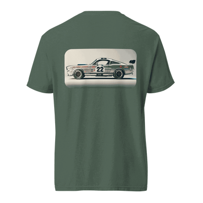 Heritage Mustang Back t-shirt with vintage car graphic on olive green heavyweight cotton tee