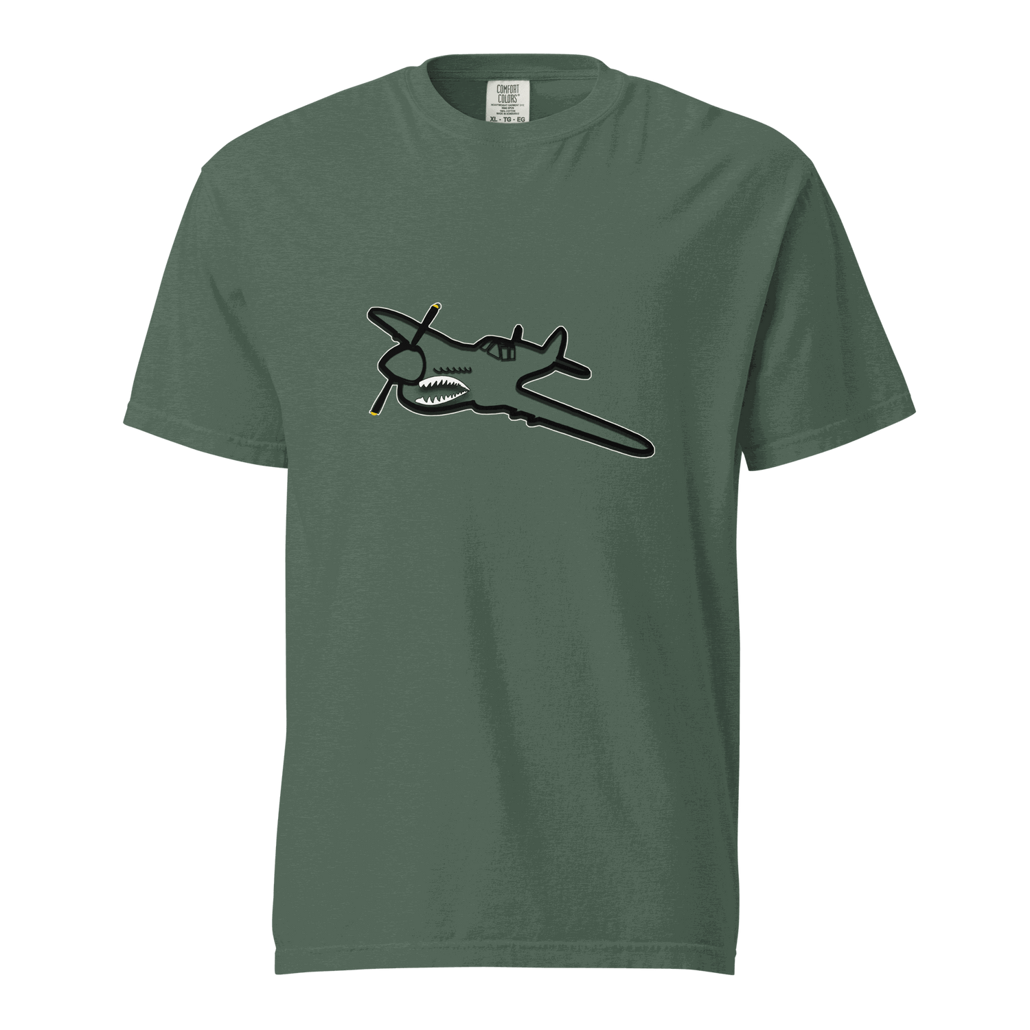 Fighter SP unisex heavyweight garment-dyed green t-shirt with vintage airplane graphic, 100% ring-spun cotton, relaxed fit