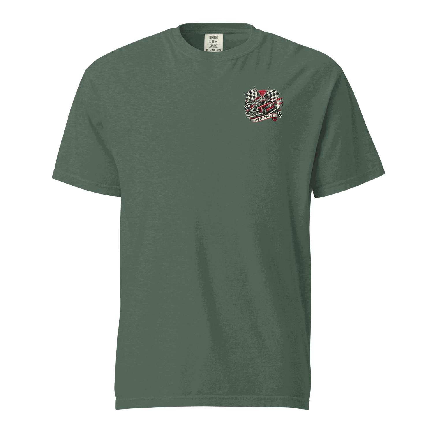 Heritage Classic Car unisex heavyweight cotton t-shirt with car and checkered flags design in green
