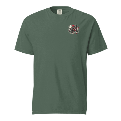 Heritage Classic Car unisex heavyweight cotton t-shirt with car and checkered flags design in green