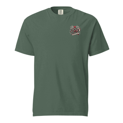 Heritage Mustang Back green unisex heavyweight cotton t-shirt with front racing flag and car design