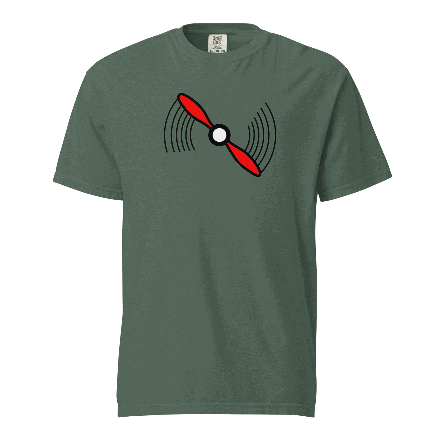 Propeller T-Shirt unisex heavyweight green t-shirt with red propeller graphic, 100% ring-spun cotton, relaxed fit.