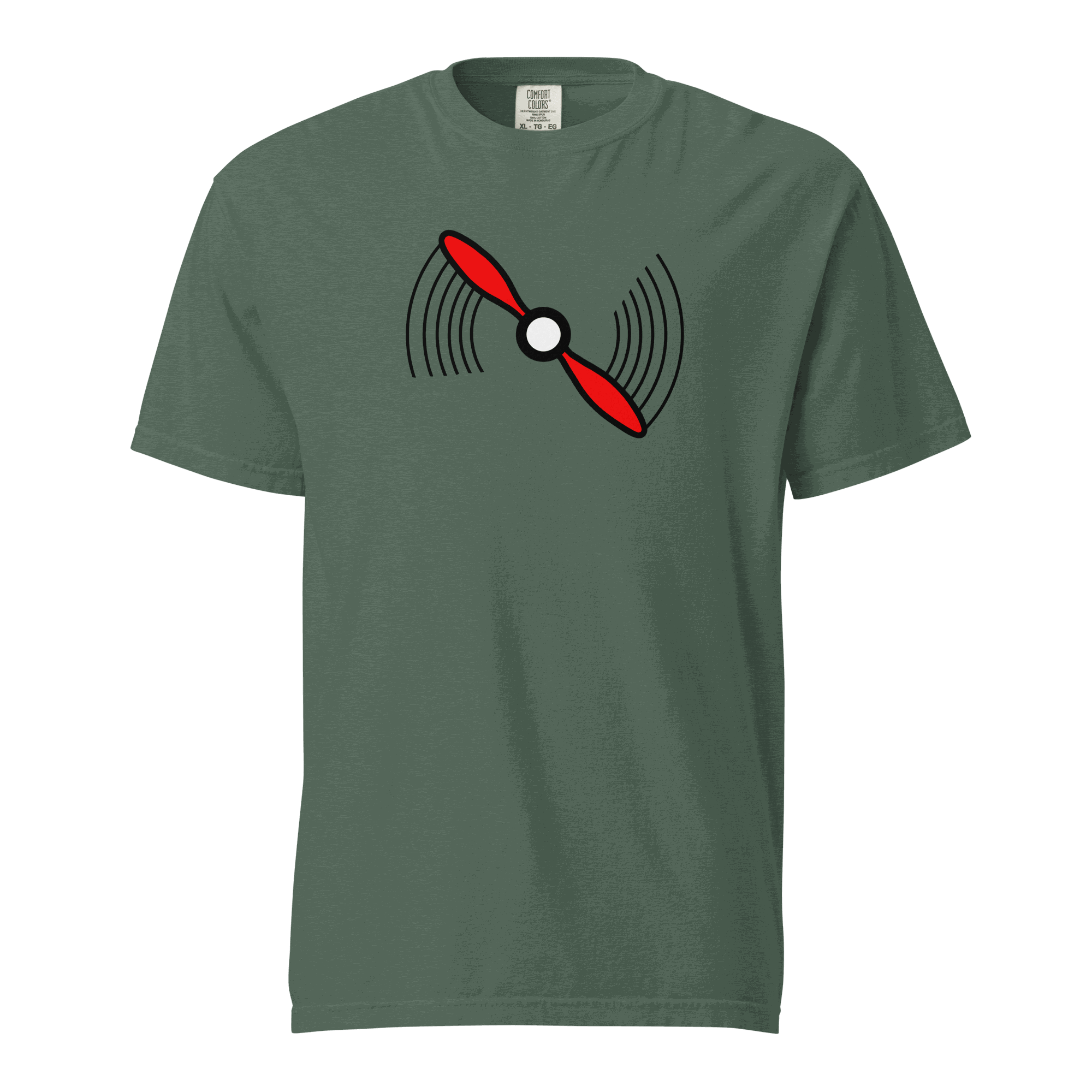 Propeller T-Shirt unisex heavyweight green t-shirt with red propeller graphic, 100% ring-spun cotton, relaxed fit.