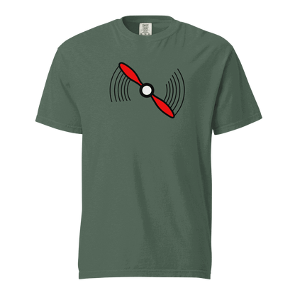Propeller T-Shirt unisex heavyweight green t-shirt with red propeller graphic, 100% ring-spun cotton, relaxed fit.