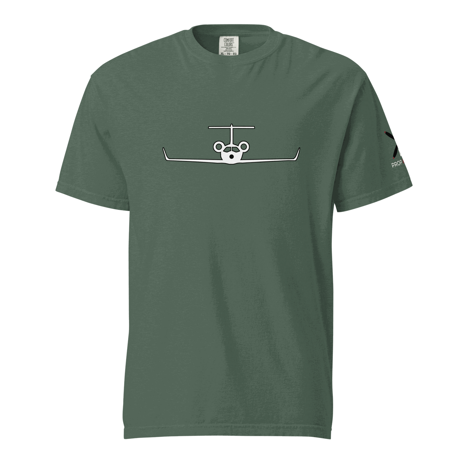 Green unisex heavyweight cotton t-shirt with minimalist private jet graphic on front