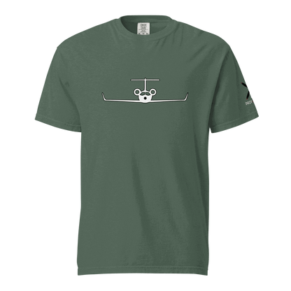 Green unisex heavyweight cotton t-shirt with minimalist private jet graphic on front