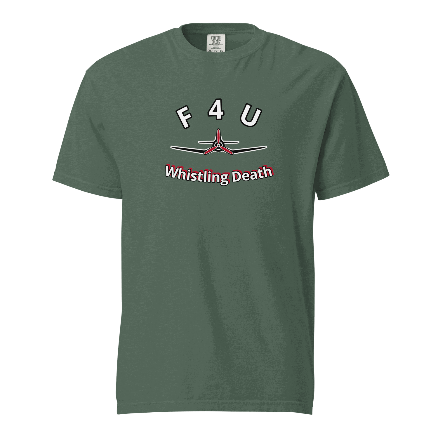 F4U Whistling Death heavyweight green t-shirt with airplane graphic and text design