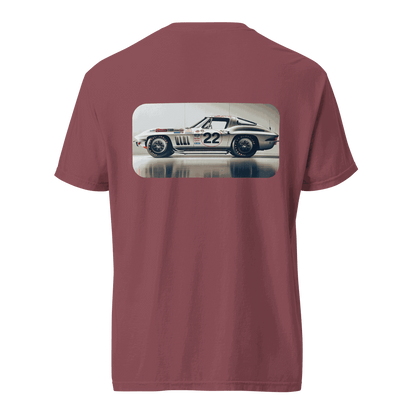Maroon Heritage Classic Car t-shirt with vintage racing car graphic on the back, made of 100% ring-spun cotton