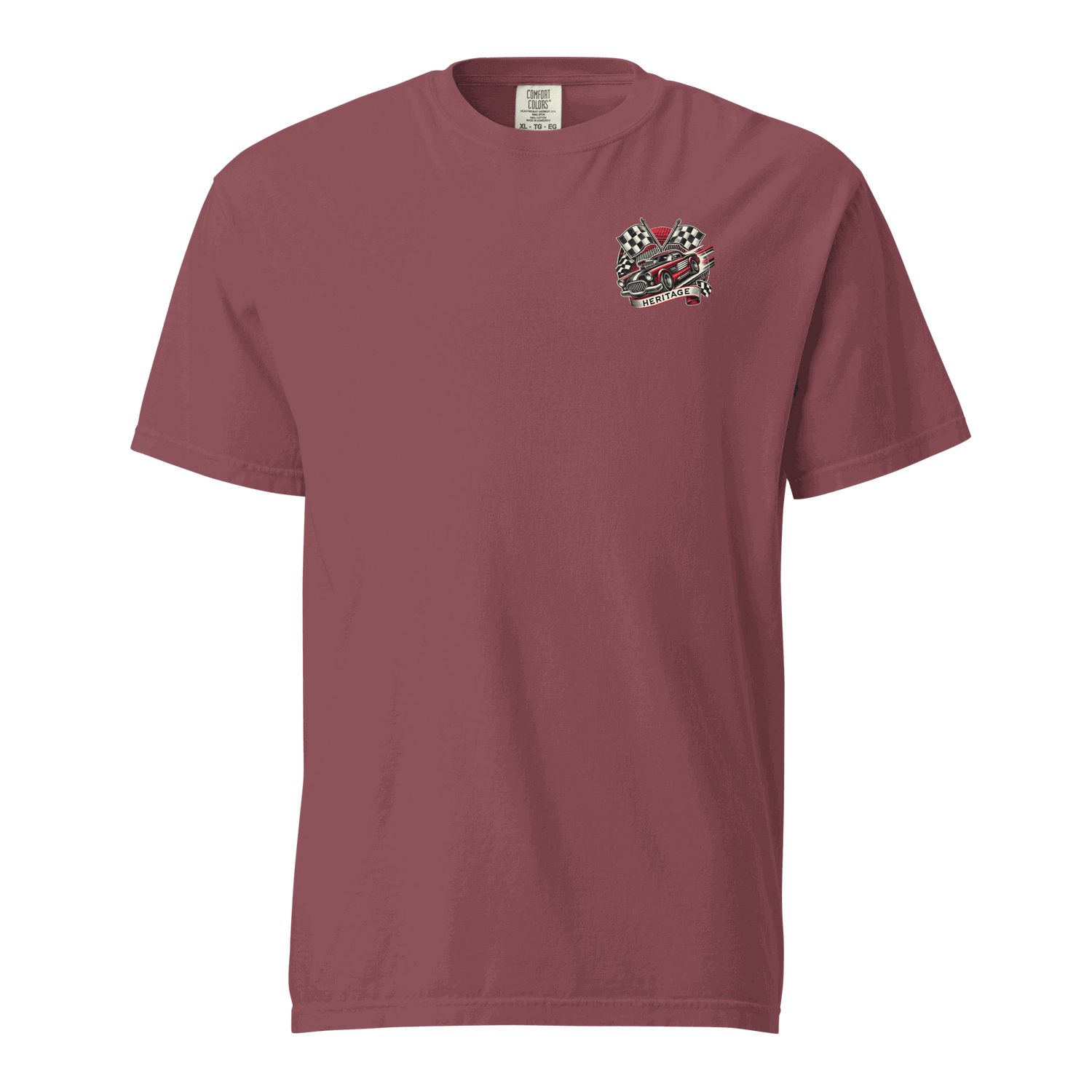 Heritage Classic Car unisex heavyweight maroon t-shirt with vintage car graphic and checkered flags