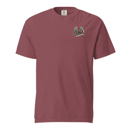 Heritage Classic Car unisex heavyweight maroon t-shirt with vintage car graphic and checkered flags