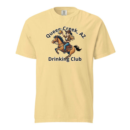 Queen Creek AZ Cowgirl Drinking Club unisex heavyweight t-shirt with cowboy illustration on light yellow cotton fabric